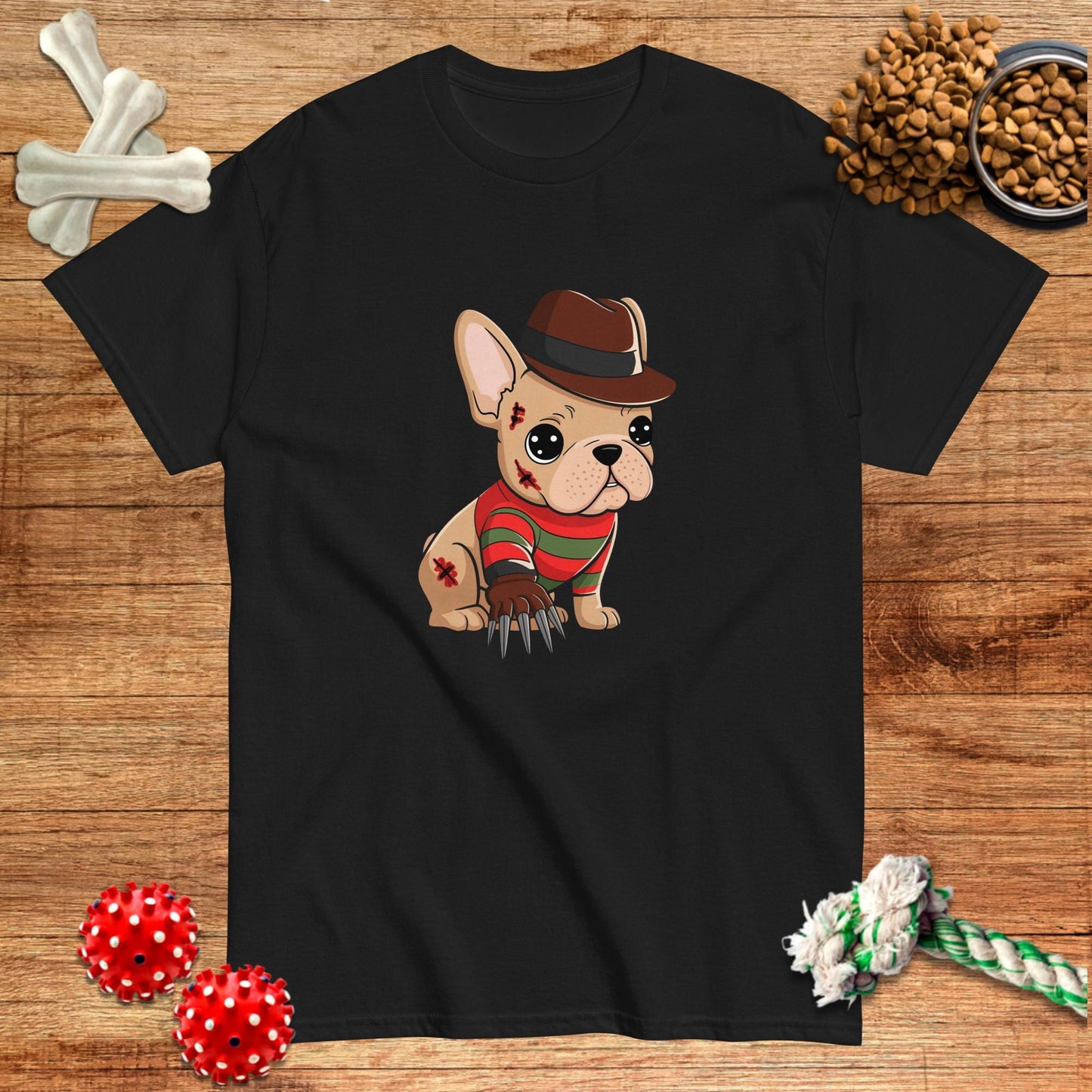 Military green Halloween t-shirt featuring a cartoon French Bulldog in a horror costume by Pawsome Frenchie Designs.