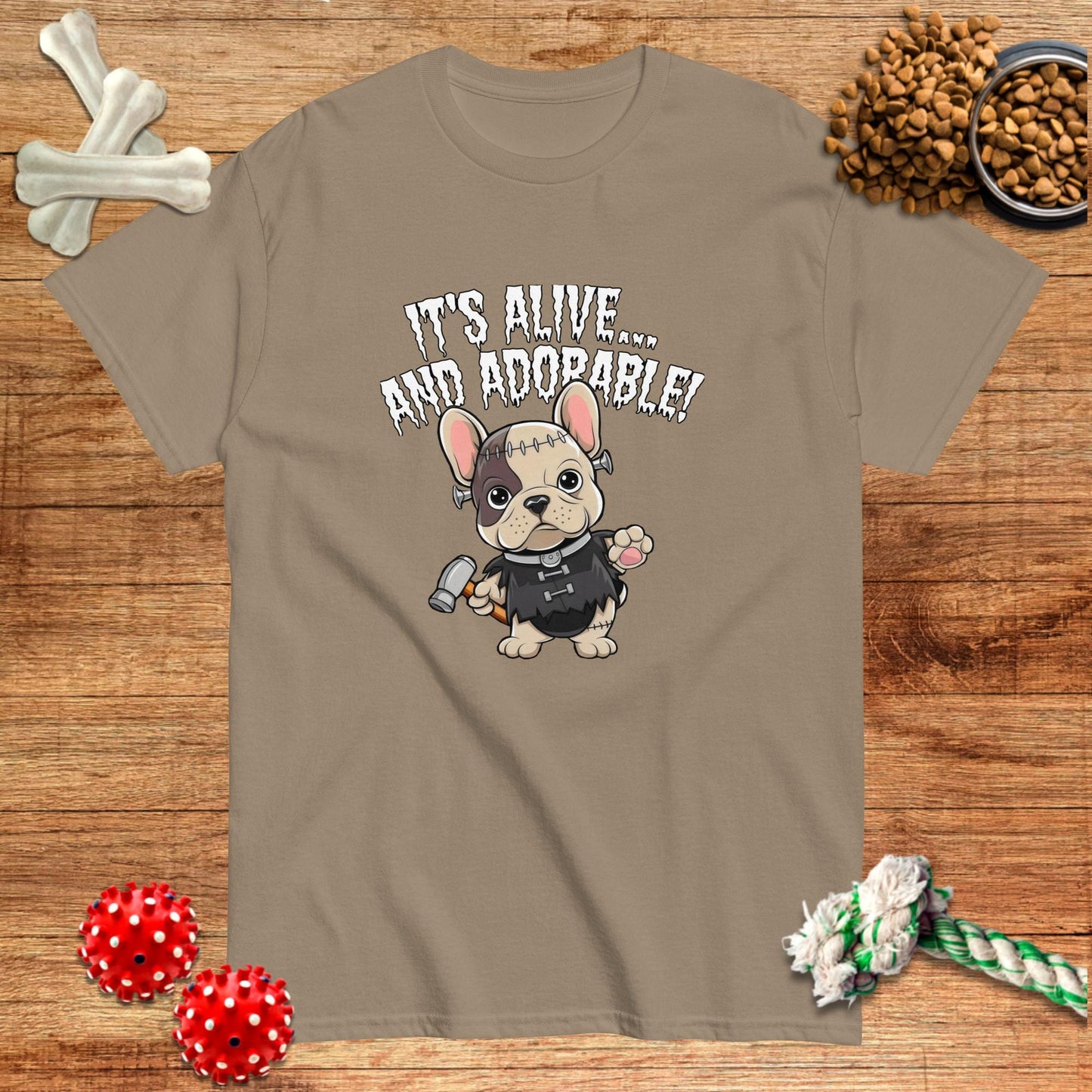 Brown Savana Halloween t-shirt featuring a French Bulldog monster design by Pawsome Frenchie Designs.