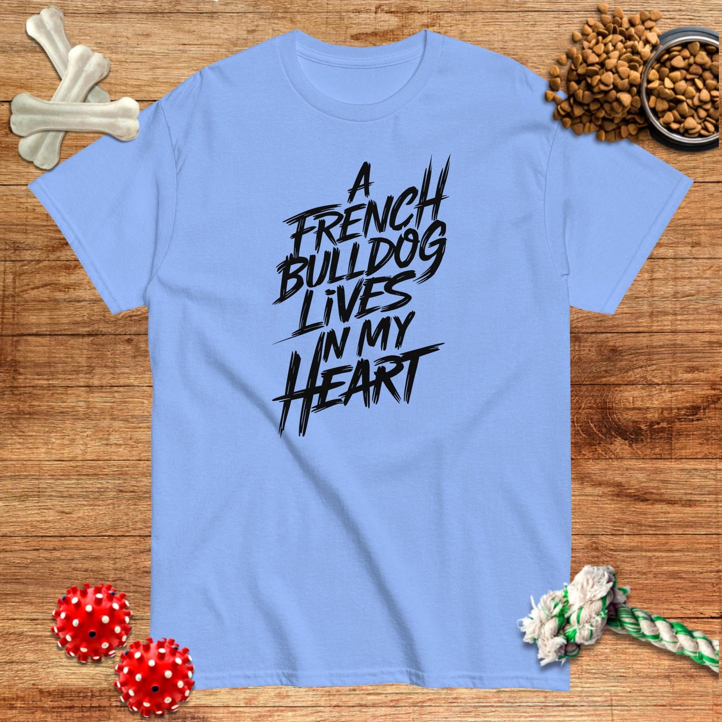 Light blue t-shirt with "A French Bulldog Lives in My Heart" graphic, perfect for dog lovers by Pawsome Frenchie Designs.