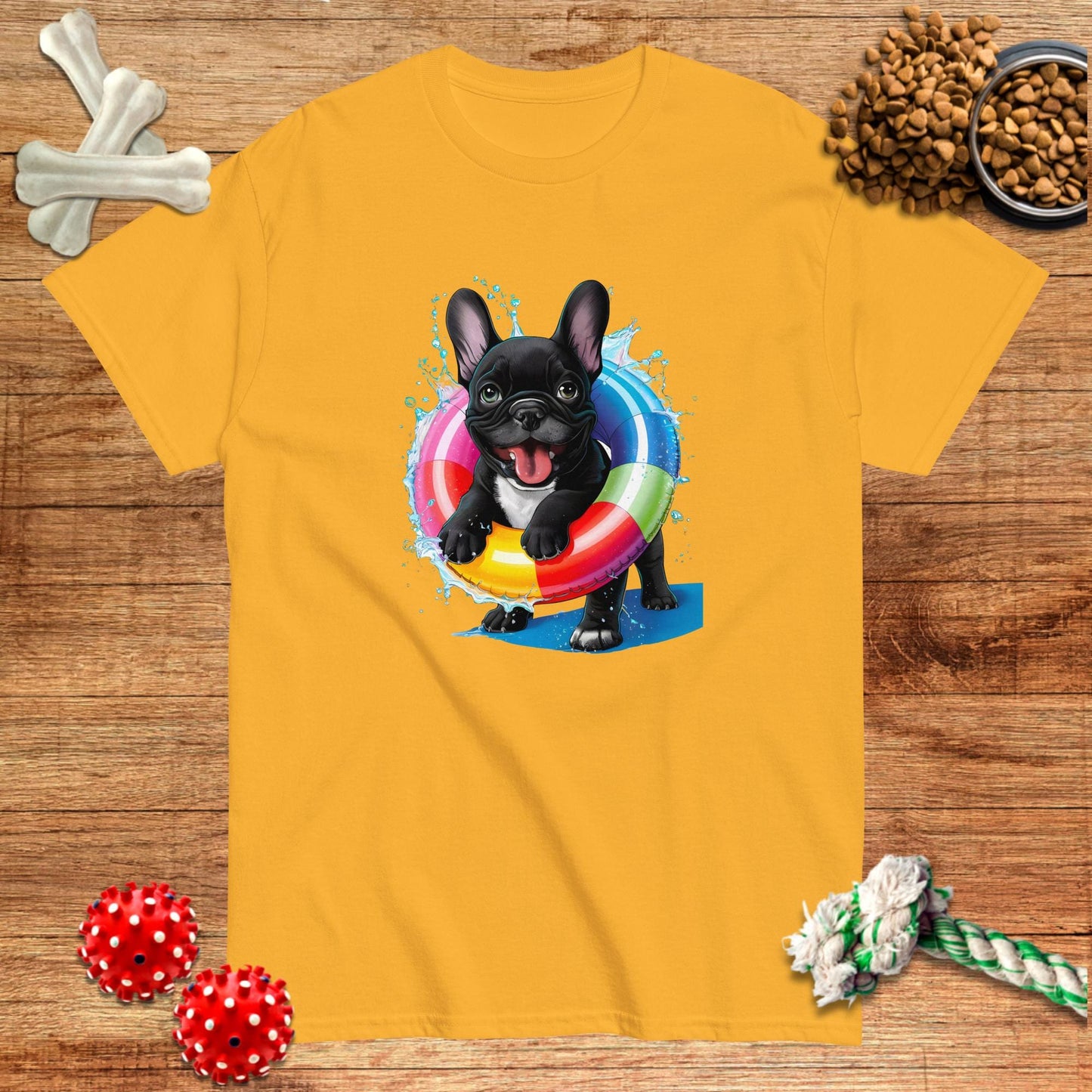 Yellow t-shirt featuring a French Bulldog swimming with a colorful float ring, by Pawsome Frenchie Designs.