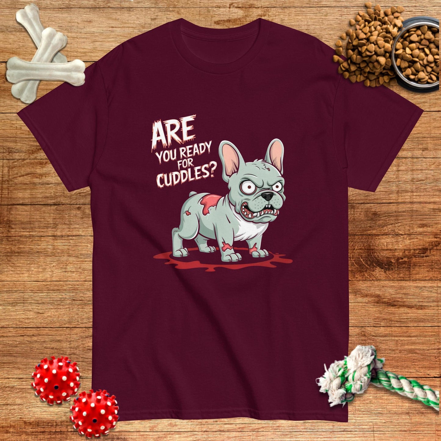 Black t-shirt featuring a horror-themed French Bulldog graphic by Pawsome Frenchie Designs