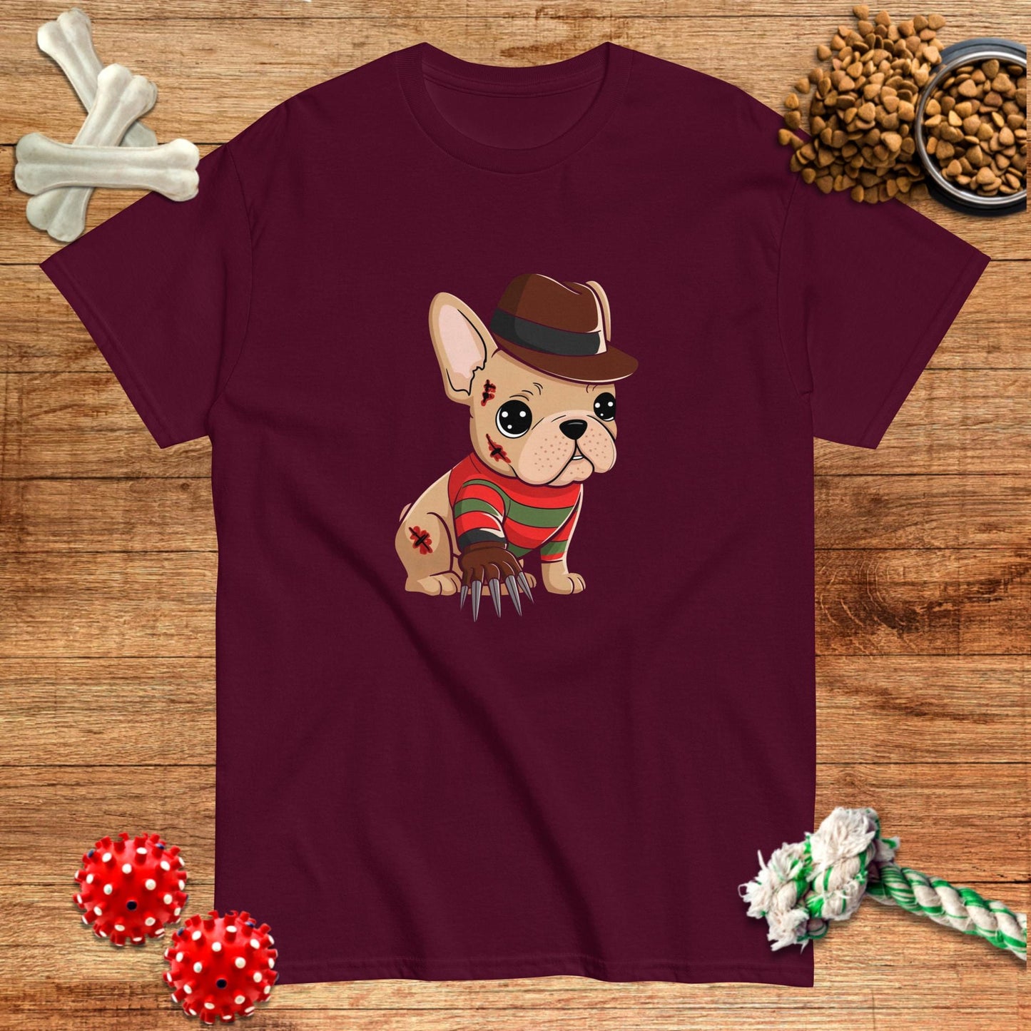 Military green Halloween t-shirt featuring a cartoon French Bulldog in a Freddy Krueger costume by Pawsome Frenchie Designs