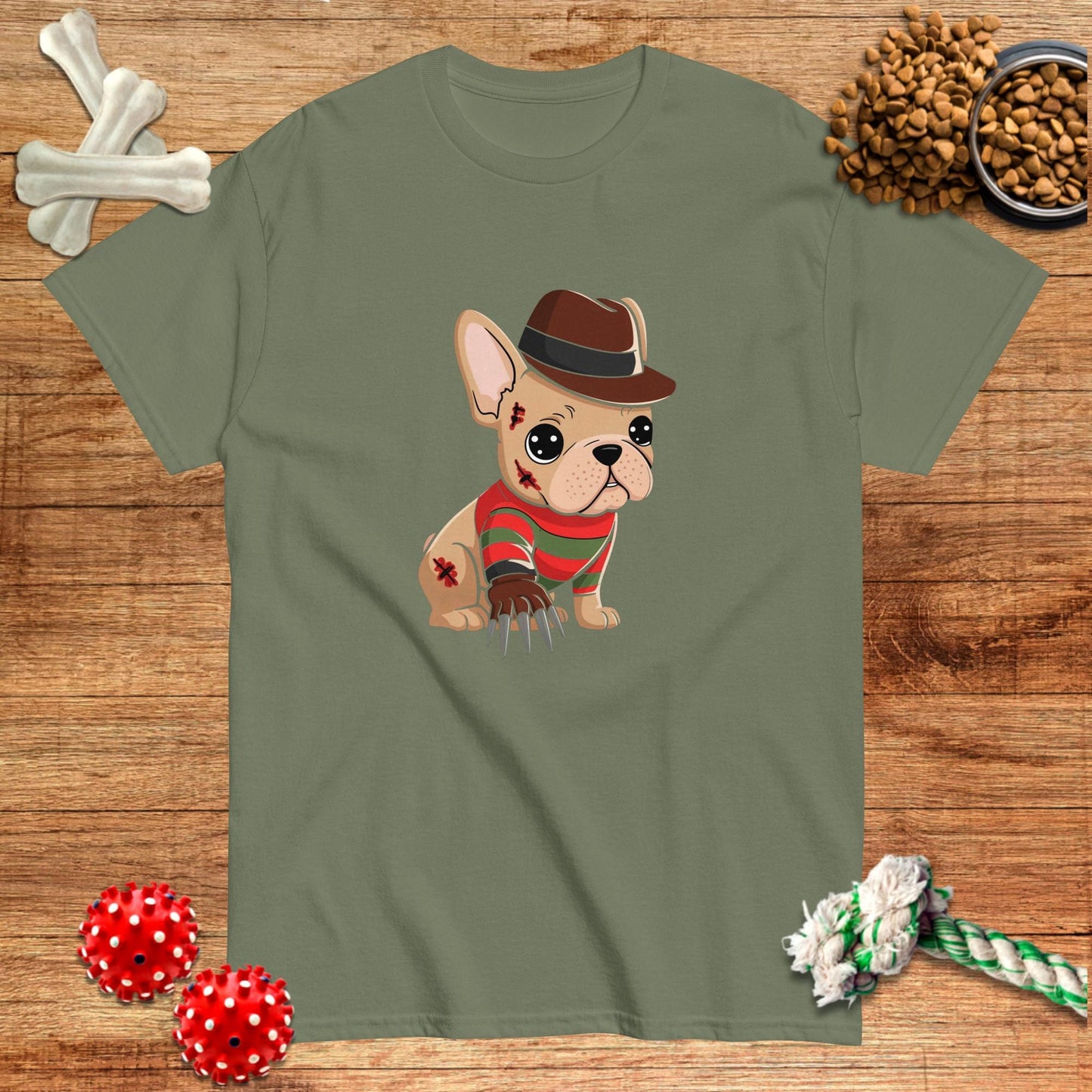 Military green t-shirt featuring a cartoon French Bulldog in a horror-themed outfit by Pawsome Frenchie Designs.