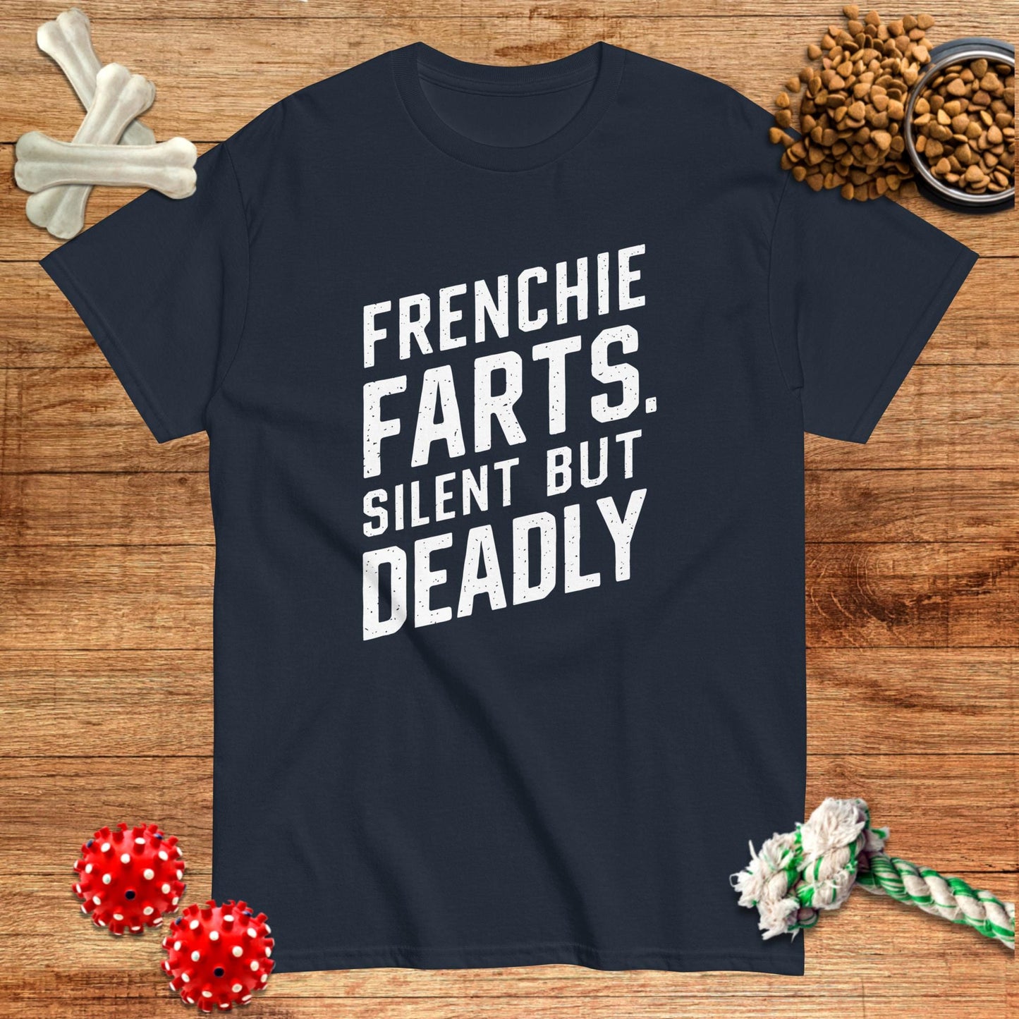 Black t-shirt with "Frenchie Farts. Silent But Deadly" text, designed by Pawsome Frenchie Designs.