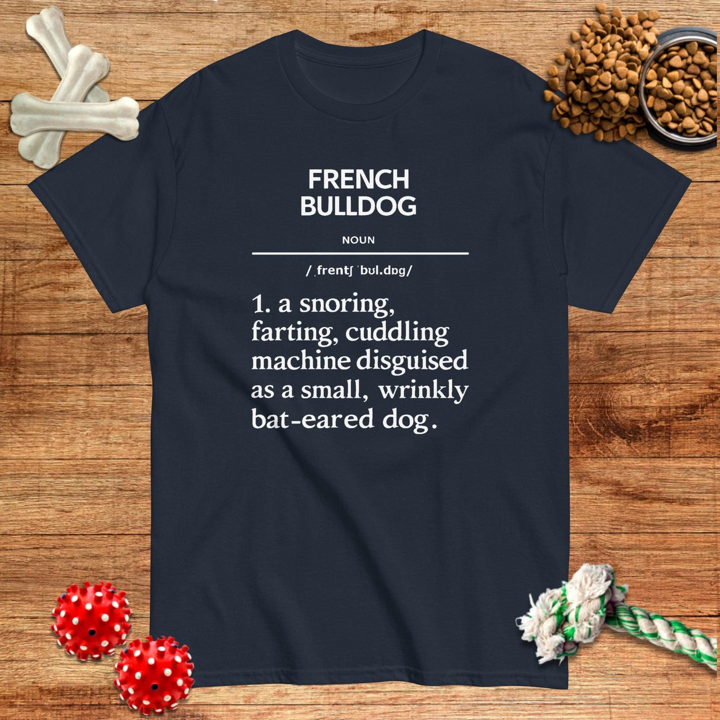 Black t-shirt featuring humorous definition of French Bulldog, ideal for dog lovers and owners.