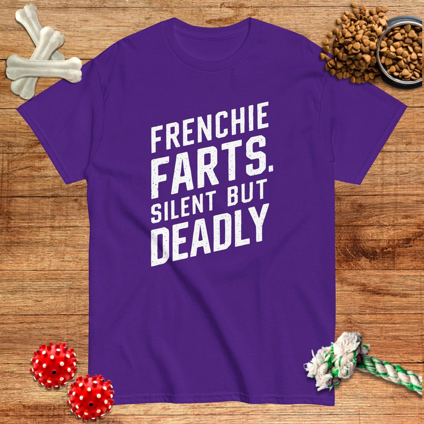 Black t-shirt with "Frenchie Farts. Silent but Deadly" text, designed by Pawsome Frenchie Designs.
