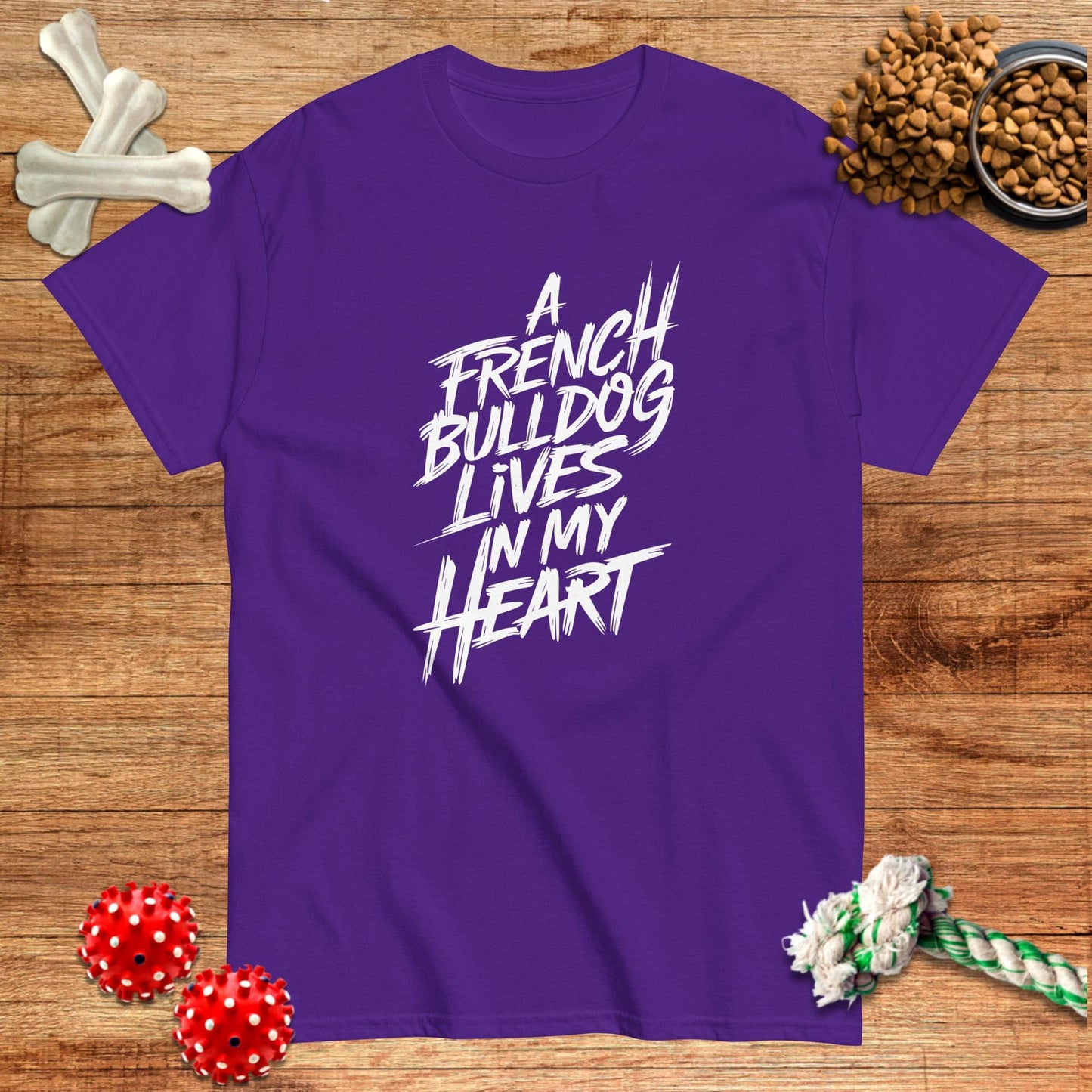 Purple t-shirt with "A French Bulldog Lives in My Heart" graphic, perfect for dog lovers by Pawsome Frenchie Designs.