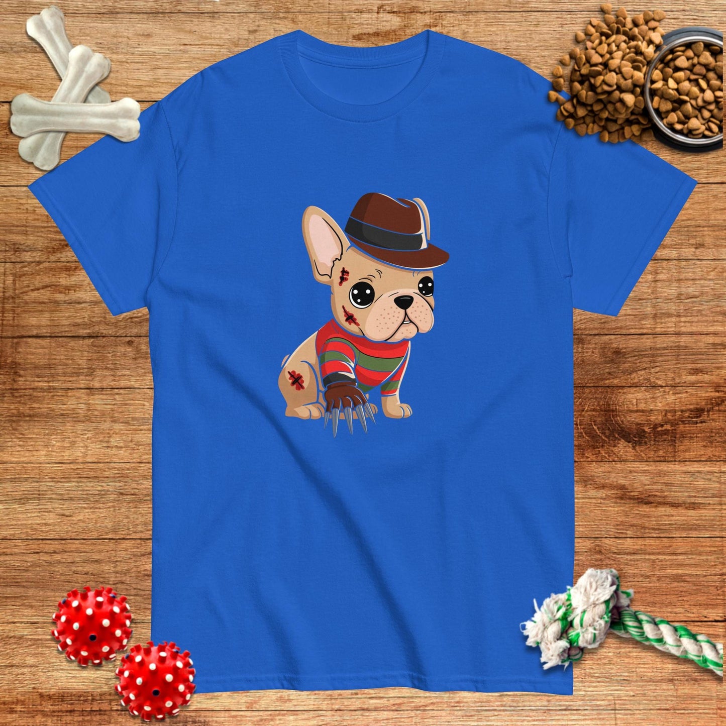 Military green t-shirt featuring a cartoon French Bulldog in a horror costume by Pawsome Frenchie Designs