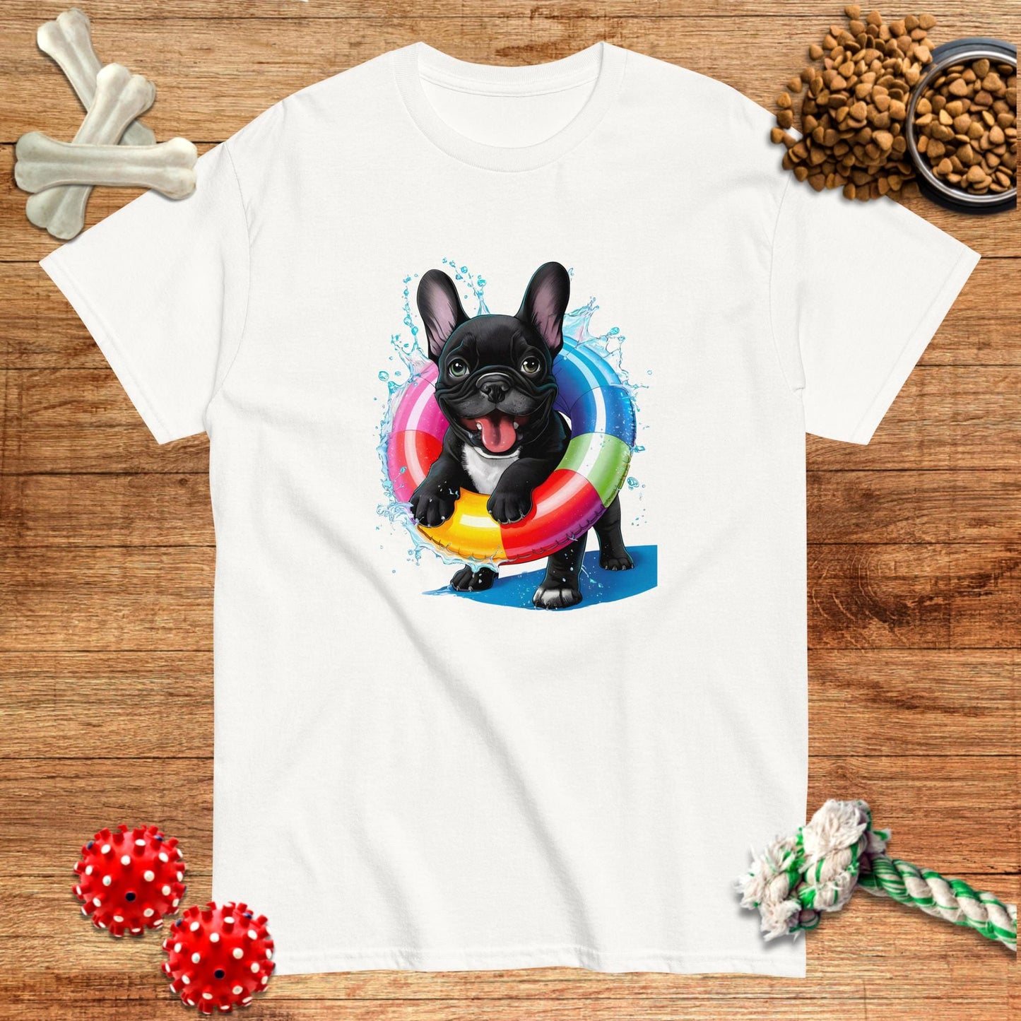 White t-shirt featuring a playful French Bulldog swimming with a colorful inner tube, by Pawsome Frenchie Designs.