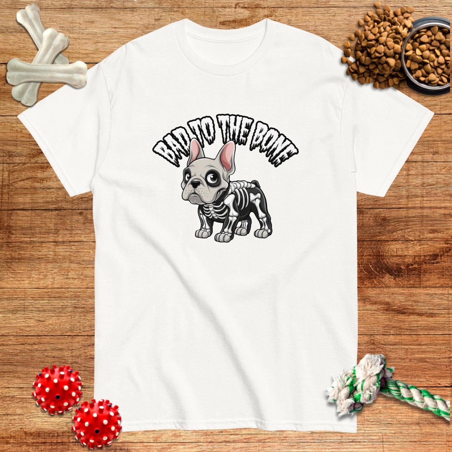 White Halloween t-shirt featuring a skeleton French Bulldog design by Pawsome Frenchie Designs.