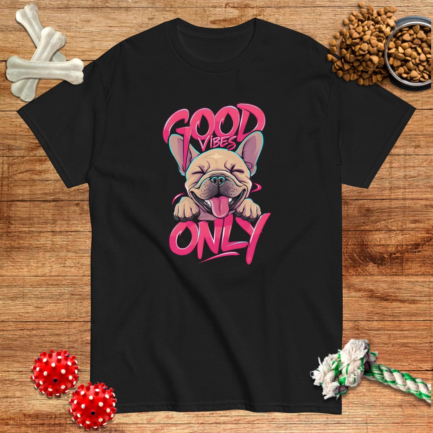 Black unisex t-shirt featuring a French Bulldog graphic with "Good Vibes Only" text by Pawsome Frenchie Designs.