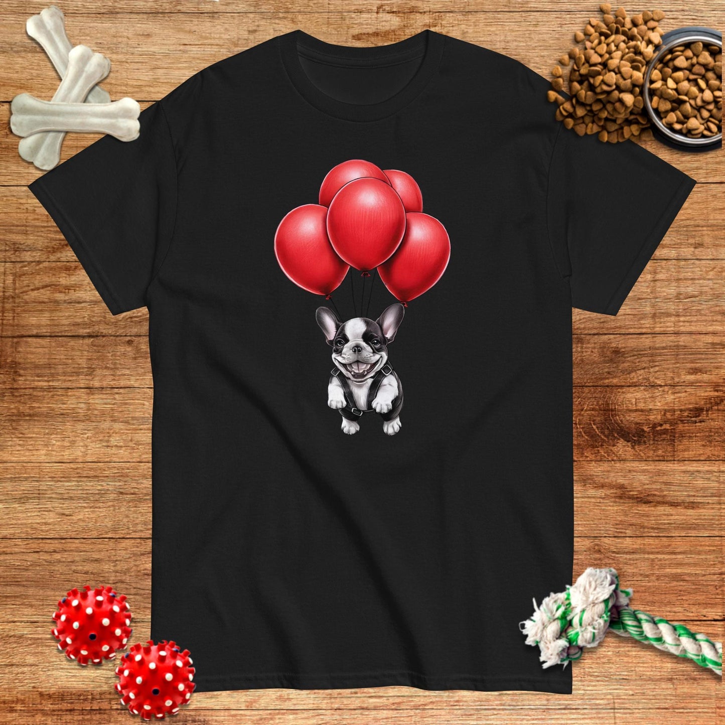 Camiseta de Frenchie volando con globos rojos | Light Tees