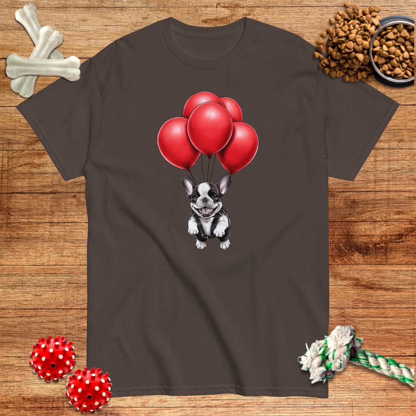 Camiseta de Frenchie volando con globos rojos | Light Tees