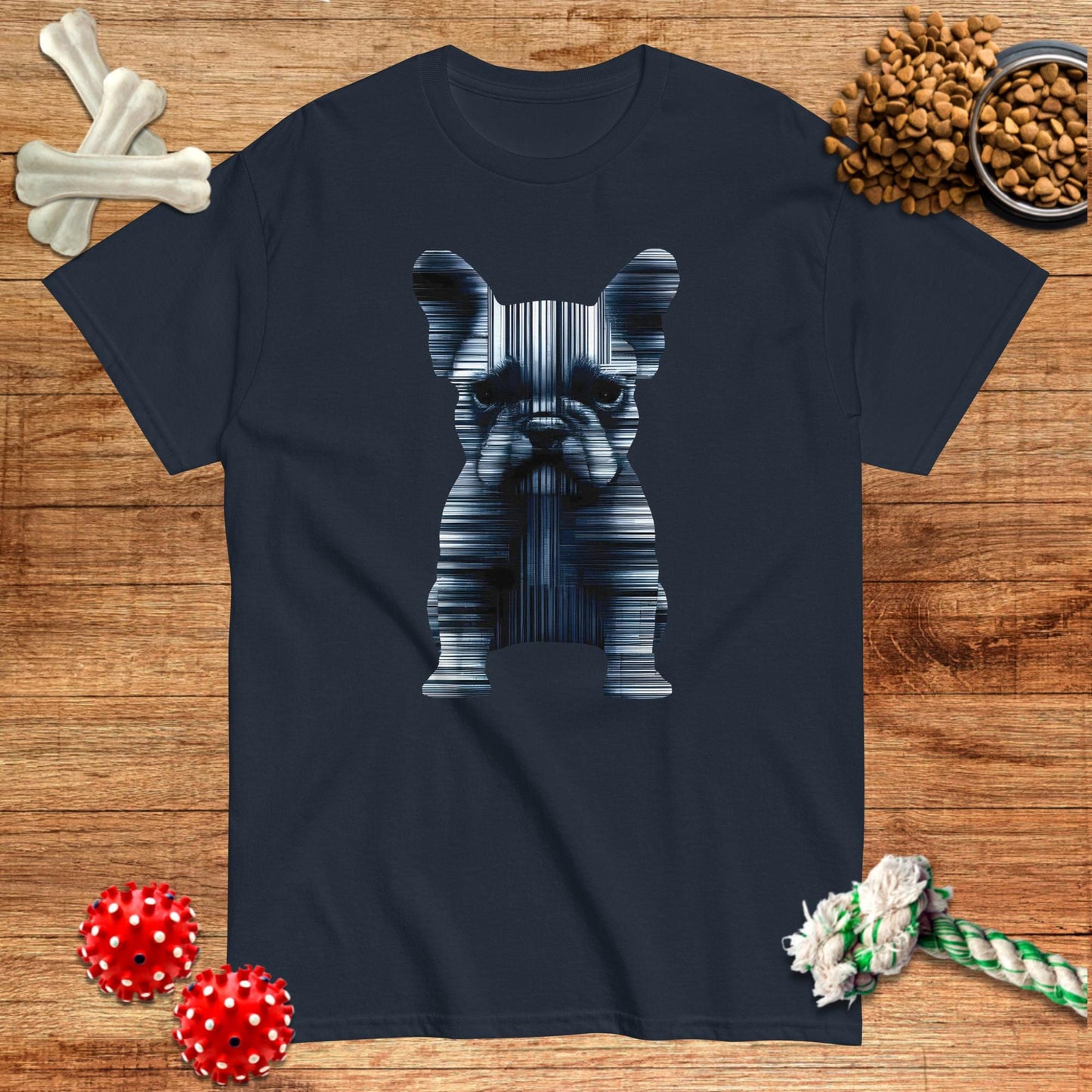 Camiseta con silueta de código de barras de bulldog francés | Dark Tees