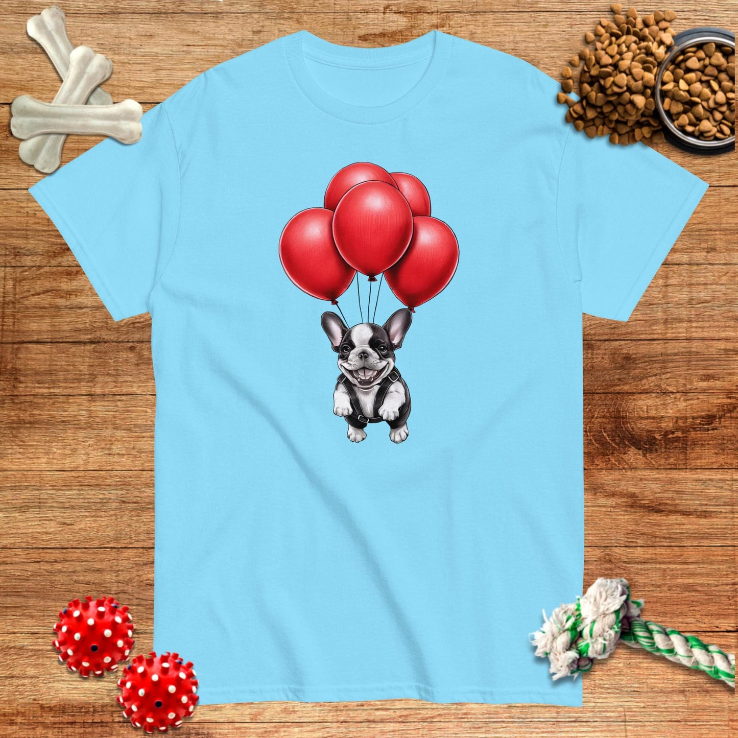 Camiseta de Frenchie volando con globos rojos | Light Tees