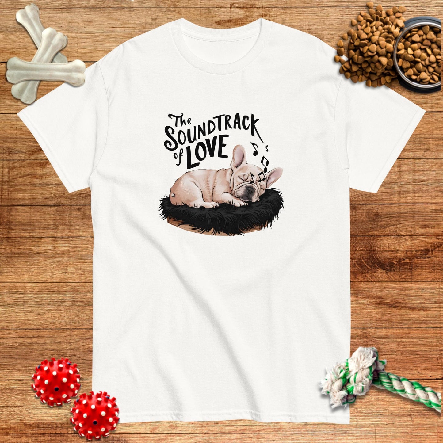 Camiseta con la banda sonora del amor de Frenchie Snoring | Light Tees