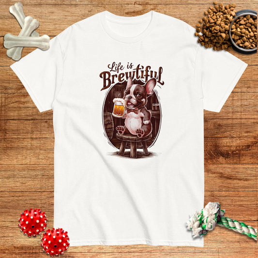 Gold t-shirt featuring a French Bulldog holding a beer with "Life Is Brewtiful" text, by Pawsome Frenchie Designs.