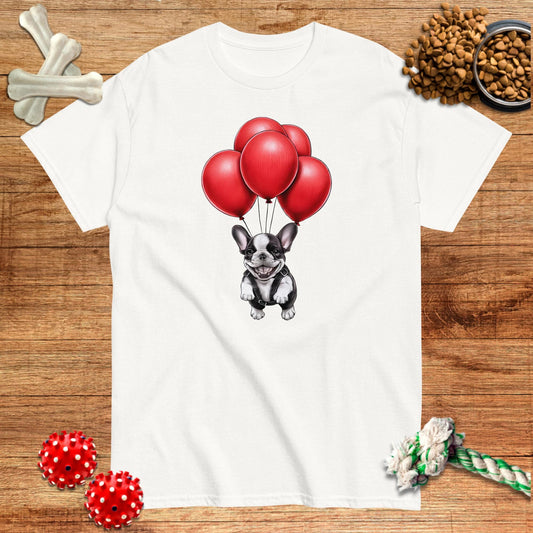 Frenchie Flying With Red Balloons T-Shirt | Light teas