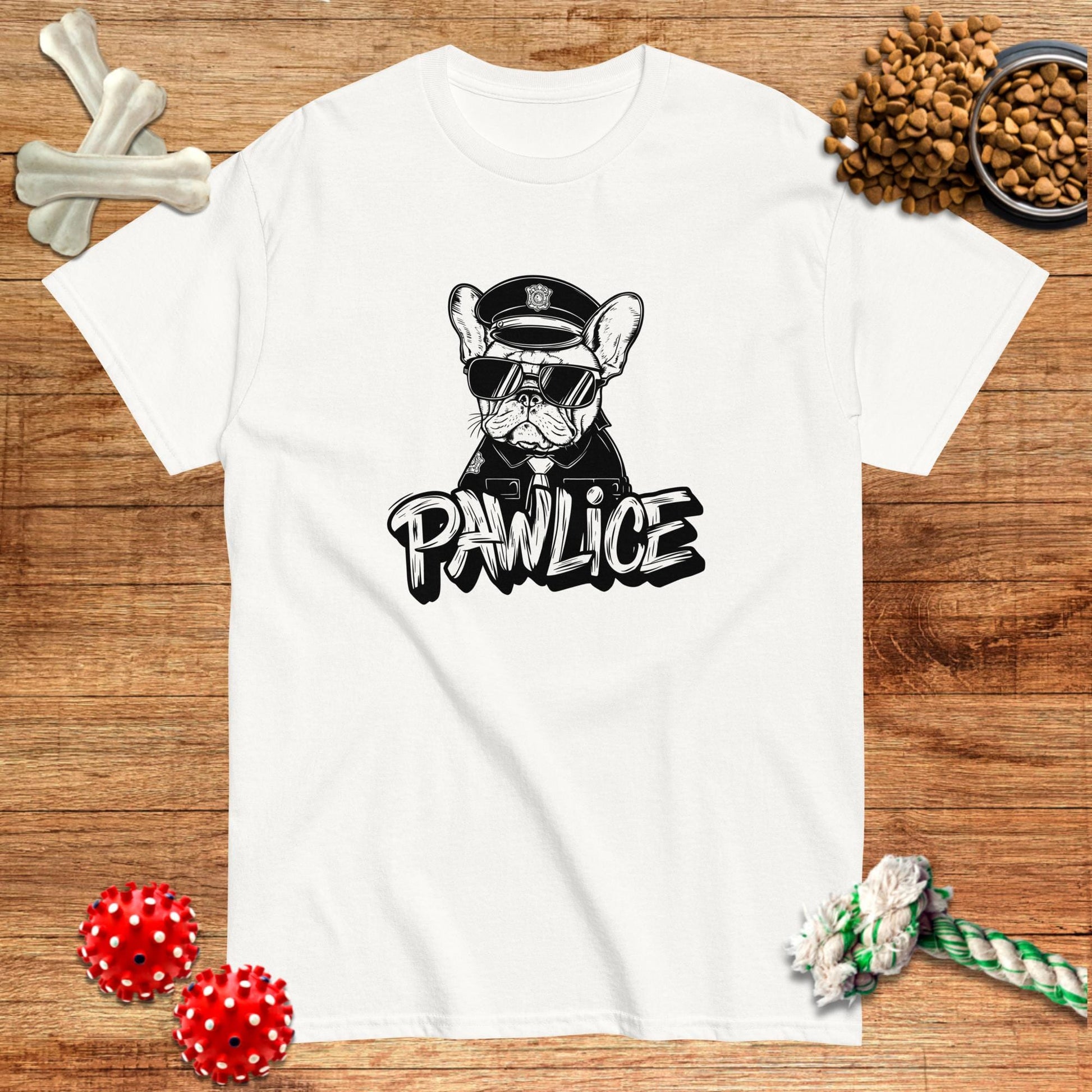 White cotton t-shirt featuring a French Bulldog in sunglasses with "PAWlice" graphic, by Pawsome Frenchie Designs.